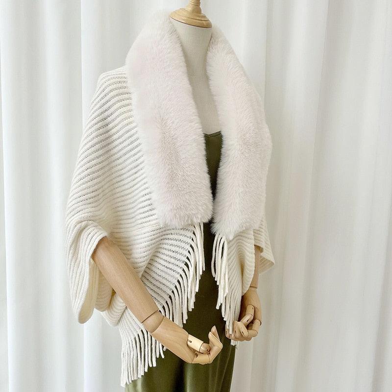 Poncho en cachemire et fausse fourrure Luxe & Style Blanc