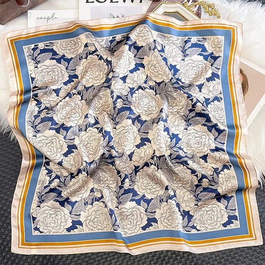 Carré 100% Soie Bleu Décoration Fleurs Femme