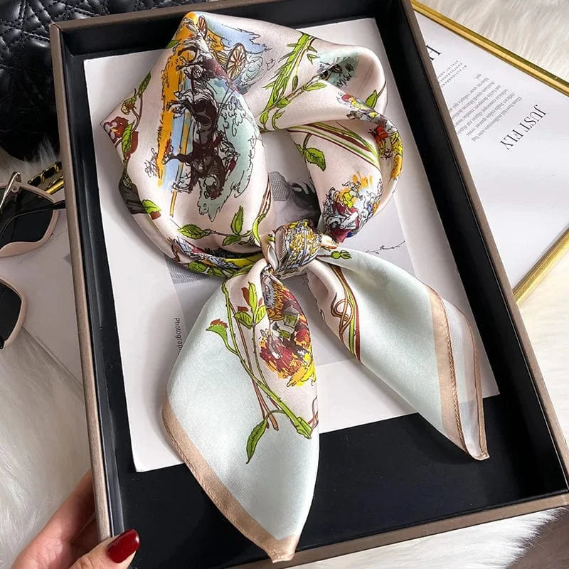 Carré 100% Soie – Foulard carré de soie imprimé XIXe siècle, scènes romantiques et décor végétal