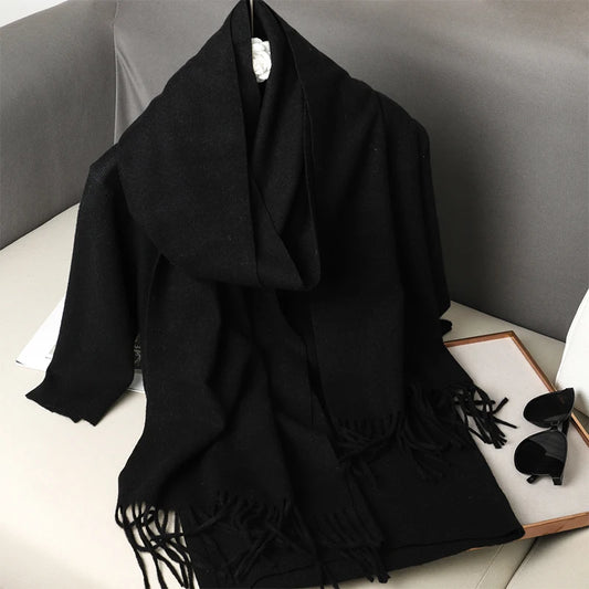 Echarpe Cachemire Noir Obsidyna - Longue et Drapee, Franges Subtiles