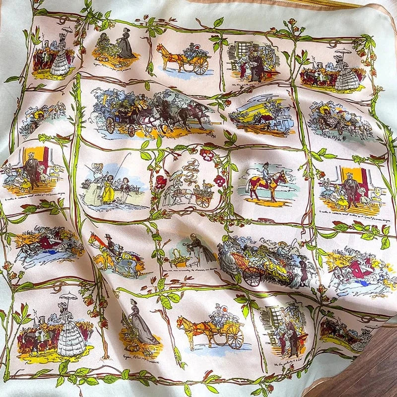 Carré 100% Soie – Foulard carré de soie imprimé XIXe siècle, scènes romantiques et décor végétal