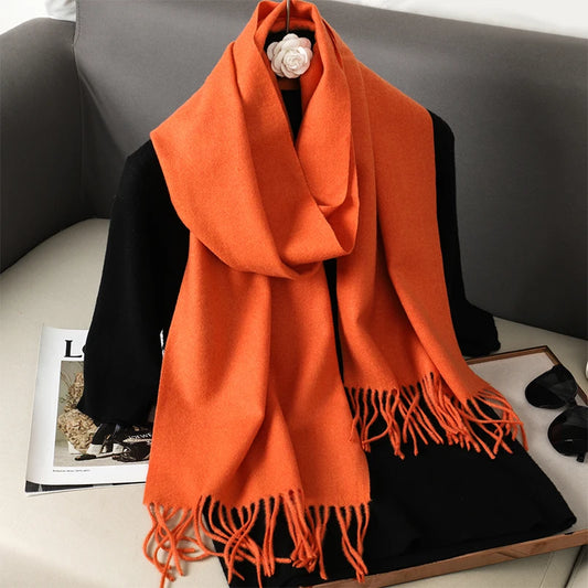 Echarpe Cachemire Mandarine Vif - Veloutée et Franges Longues