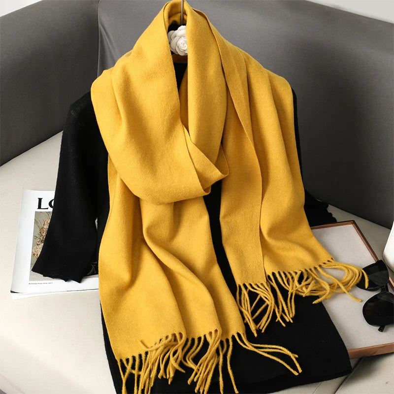 Echarpe Cachemire Moutardine Jaune Moutarde - Veloutée et franges fines