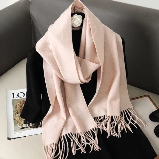 Echarpe Cachemire Rose poudre - Foulard Uni Velouté, Tombé Fluide, Franges Délicates