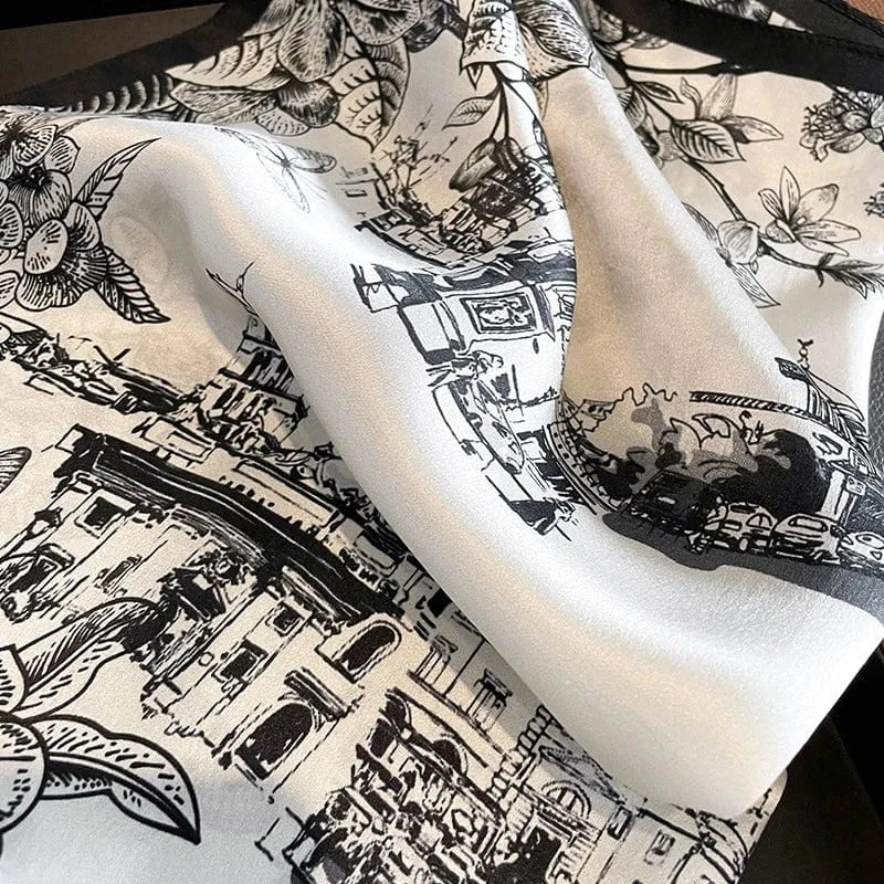 Carré 100% Soie - foulard noir et blanc motif architectural femme