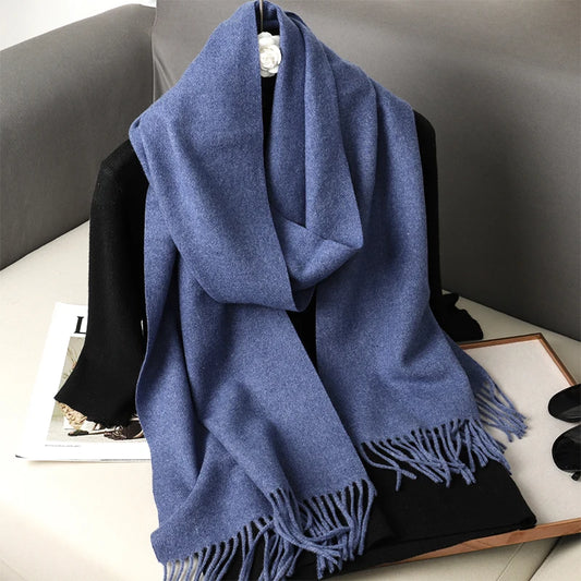 Echarpe Cachemire Nocturne Denim – Longue 180 cm, franges fines