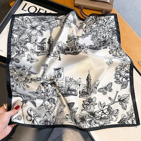 Carré 100% Soie - foulard noir et blanc motif architectural femme