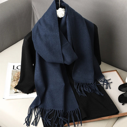 Echarpe Cachemire Marine Profond - Bleu Marine Profond, Longue 180 cm avec Franges Fines