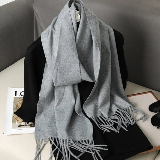 Echarpe Cachemire Grisbleu Marbré - Foulard long doux et fluide avec franges