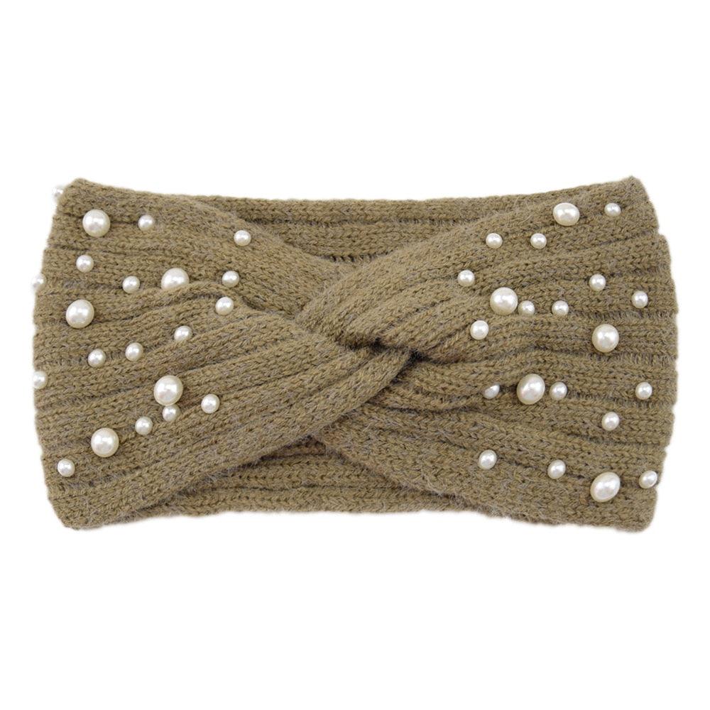 Bandeau en laine orné de perles Beige