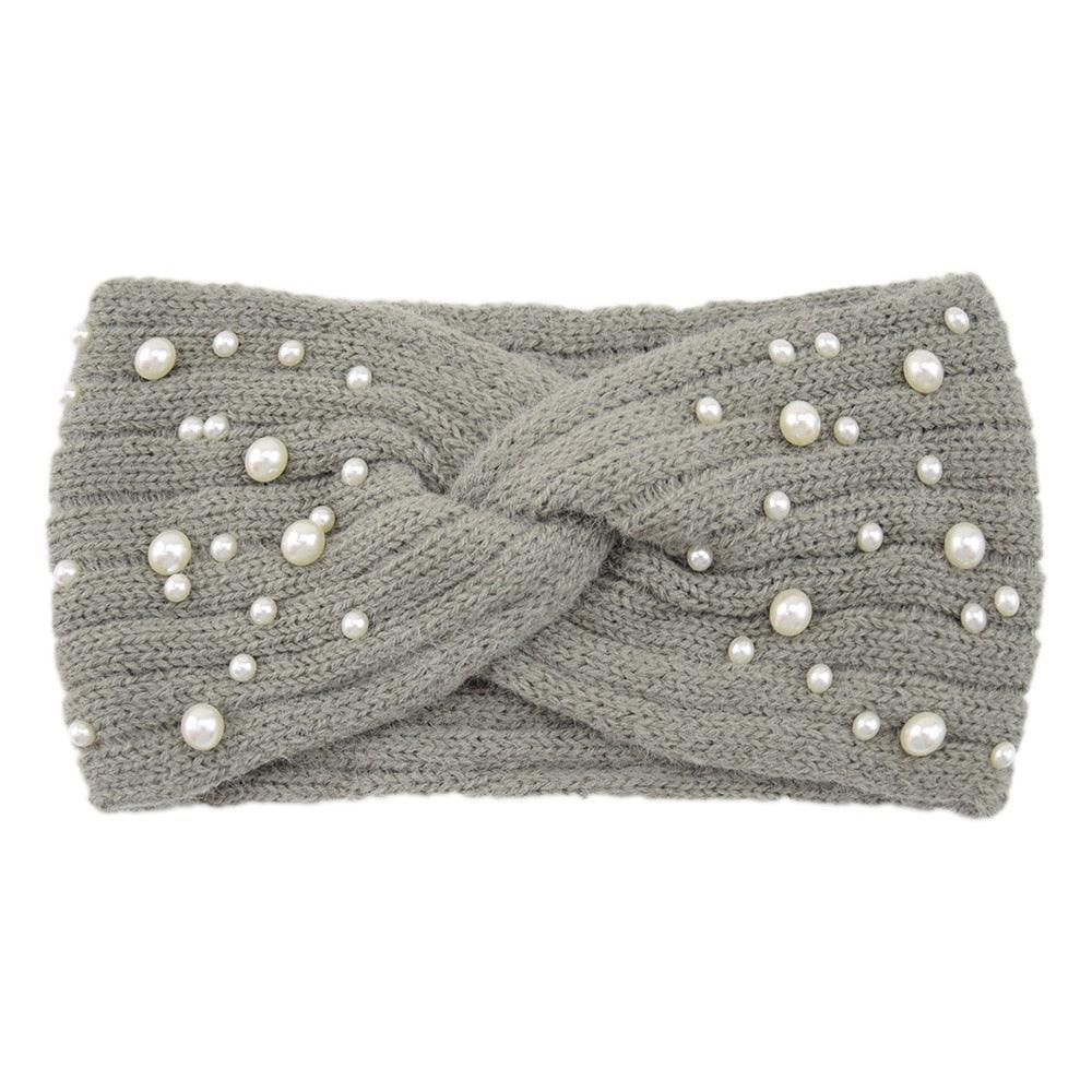 Bandeau en laine orné de perles Gris