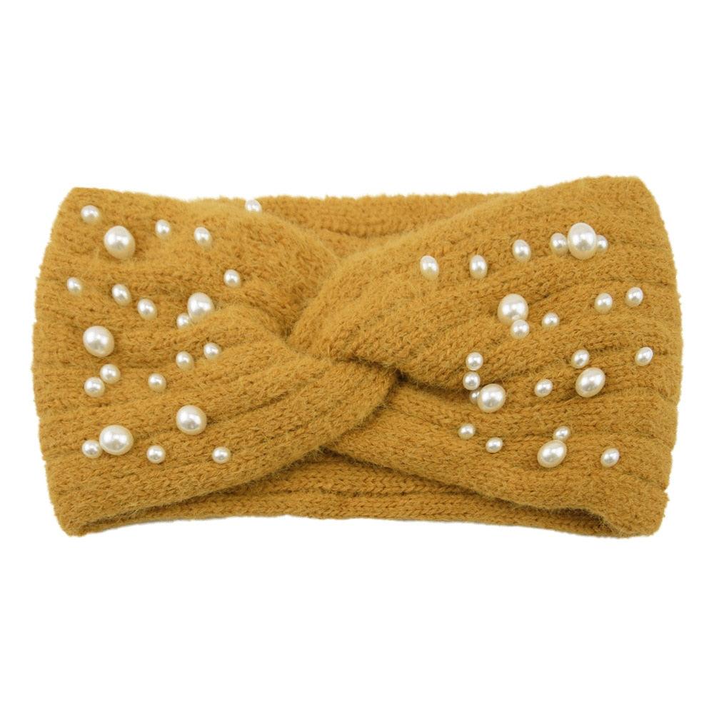 Bandeau en laine orné de perles Jaune