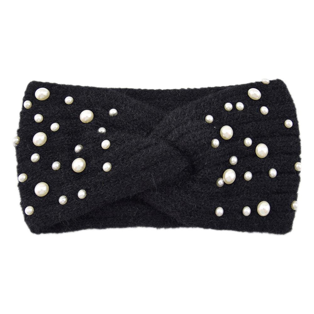 Bandeau en laine orné de perles Noir