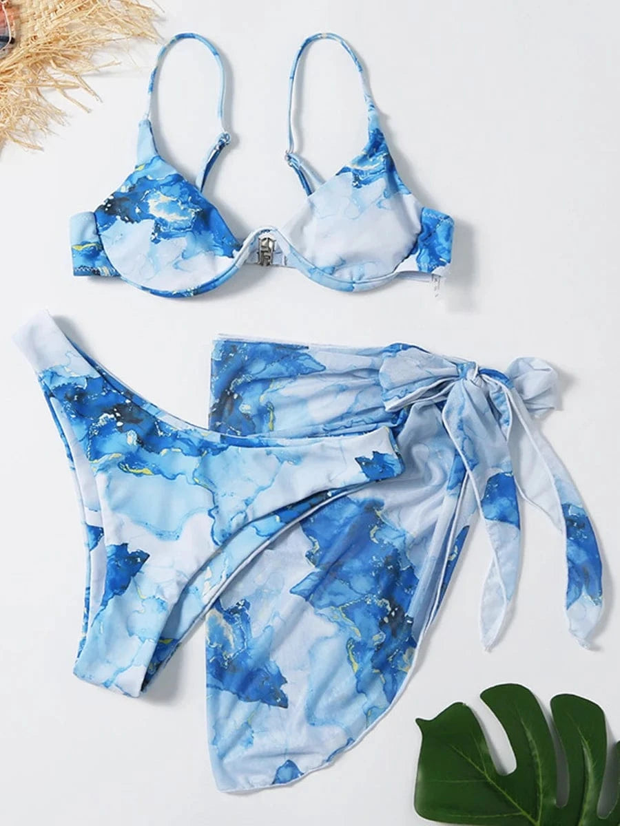 Bikini Artistique Aquarelle avec Paréo Polyvalent - Élégance et Style Uniques Bleu / S