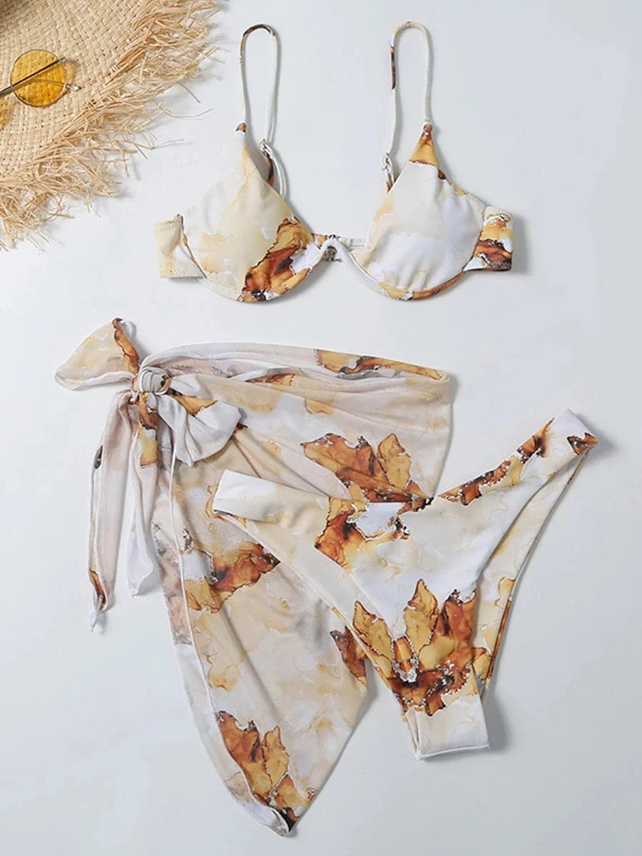 Bikini Artistique Aquarelle avec Paréo Polyvalent - Élégance et Style Uniques Jaune / S
