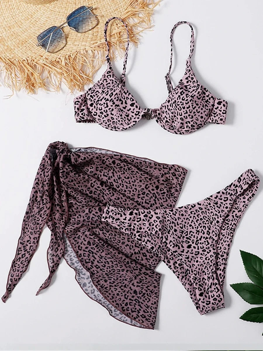 Bikini Artistique Aquarelle avec Paréo Polyvalent - Élégance et Style Uniques Leopard / S