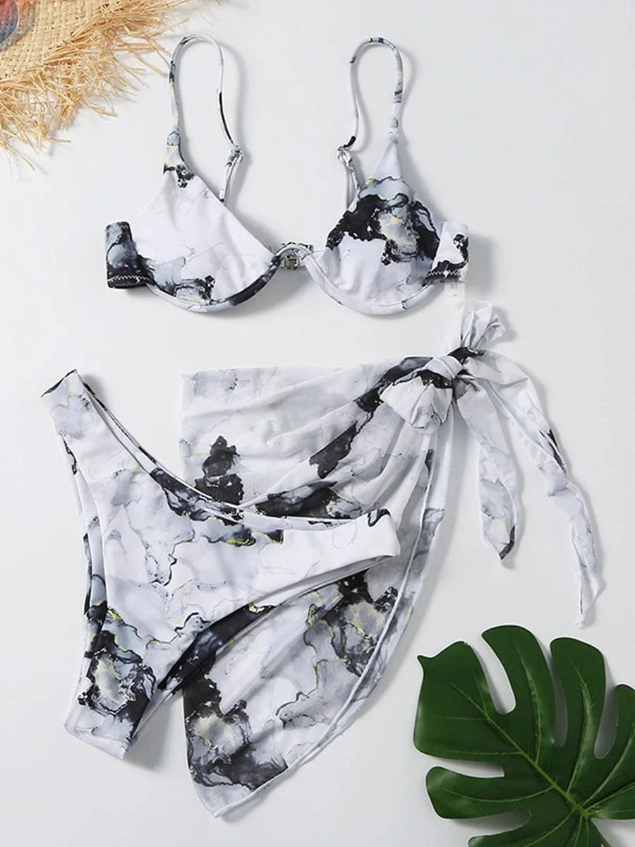Bikini Artistique Aquarelle avec Paréo Polyvalent - Élégance et Style Uniques Noir / S