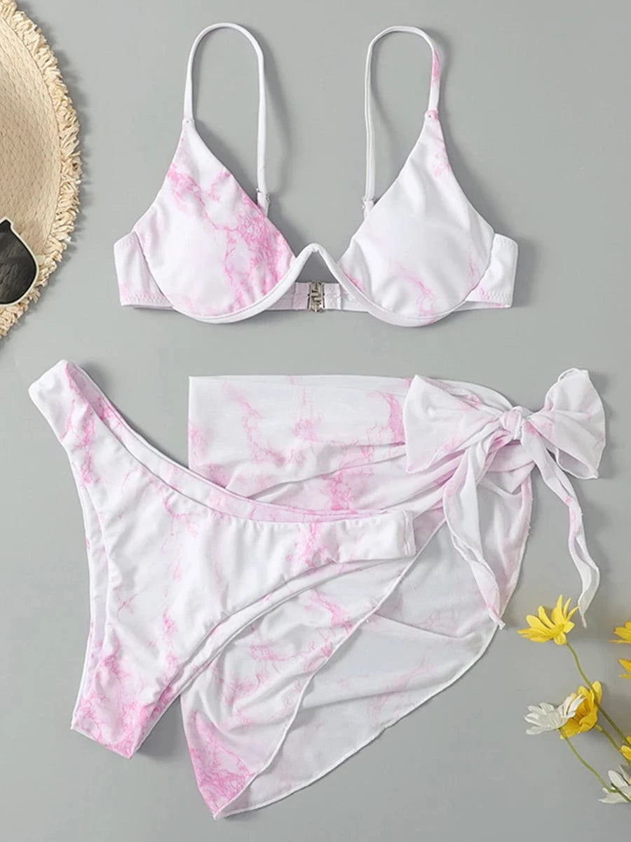 Bikini Artistique Aquarelle avec Paréo Polyvalent - Élégance et Style Uniques Rose / S