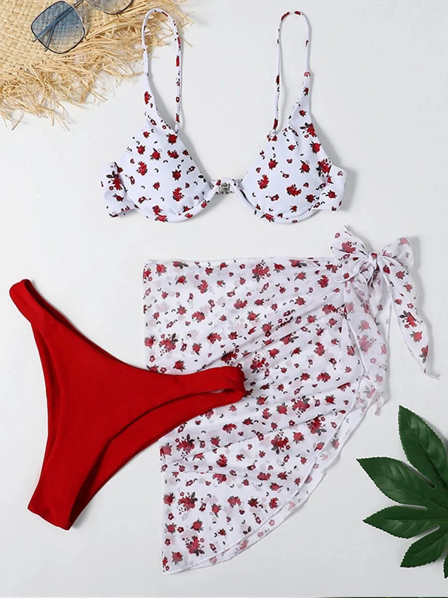 Bikini Artistique Aquarelle avec Paréo Polyvalent - Élégance et Style Uniques Rouge/Blanc / S