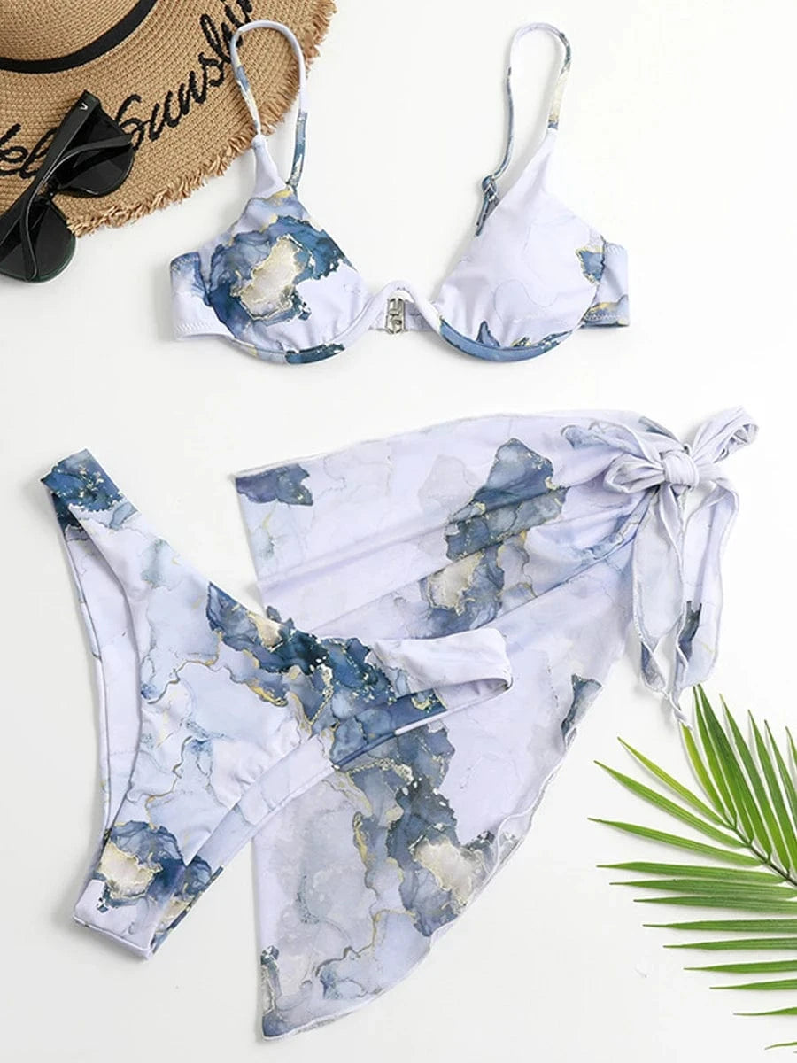 Bikini Artistique Aquarelle avec Paréo Polyvalent - Élégance et Style Uniques Vert/Blanc / S