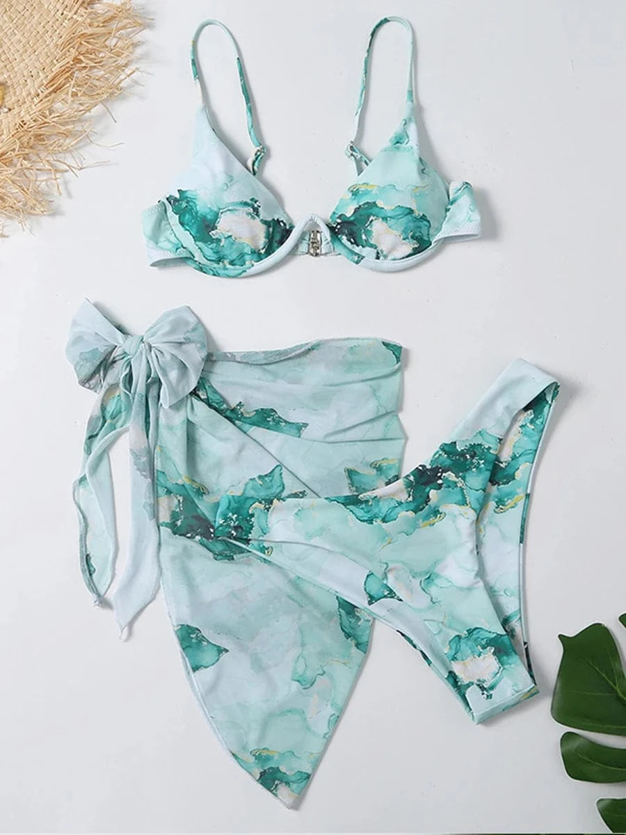 Bikini Artistique Aquarelle avec Paréo Polyvalent - Élégance et Style Uniques Vert Clair / S