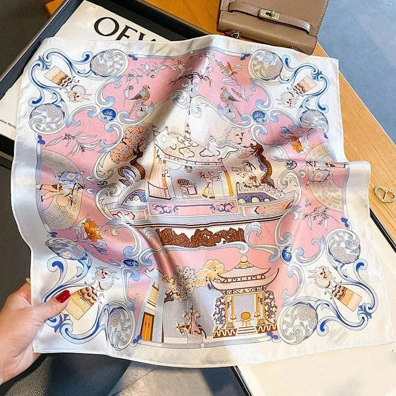 Carré 100% Soie - Carre de Soie chinoiserie romantique rose pastel 53x53cm