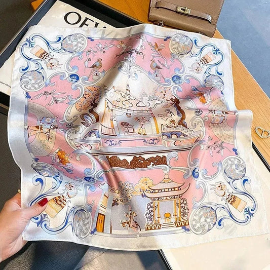 Carré 100% Soie - Carre de Soie chinoiserie romantique rose pastel 53x53cm