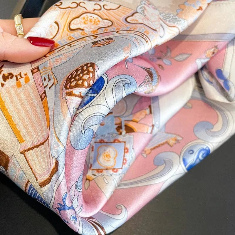 Carré 100% Soie - Carre de Soie chinoiserie romantique rose pastel 53x53cm