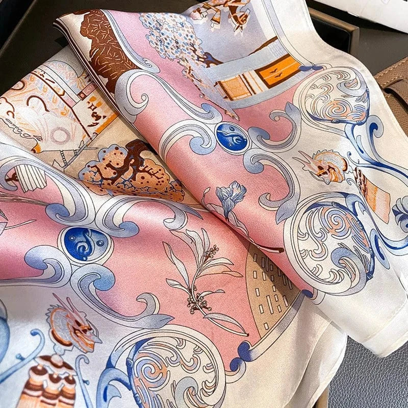 Carré 100% Soie - Carre de Soie chinoiserie romantique rose pastel 53x53cm
