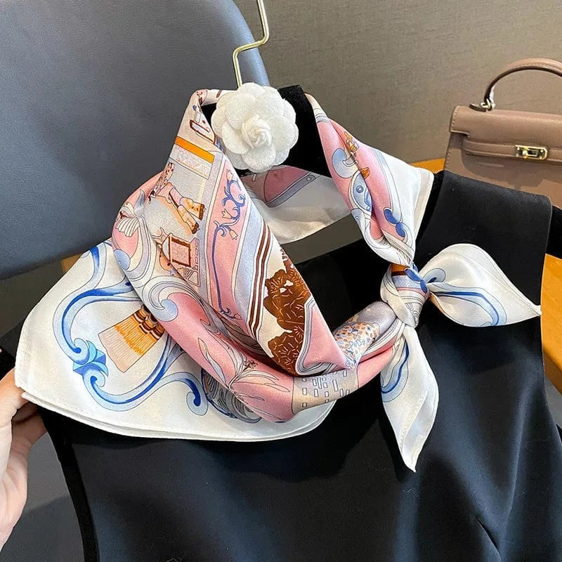 Carré 100% Soie - Carre de Soie chinoiserie romantique rose pastel 53x53cm