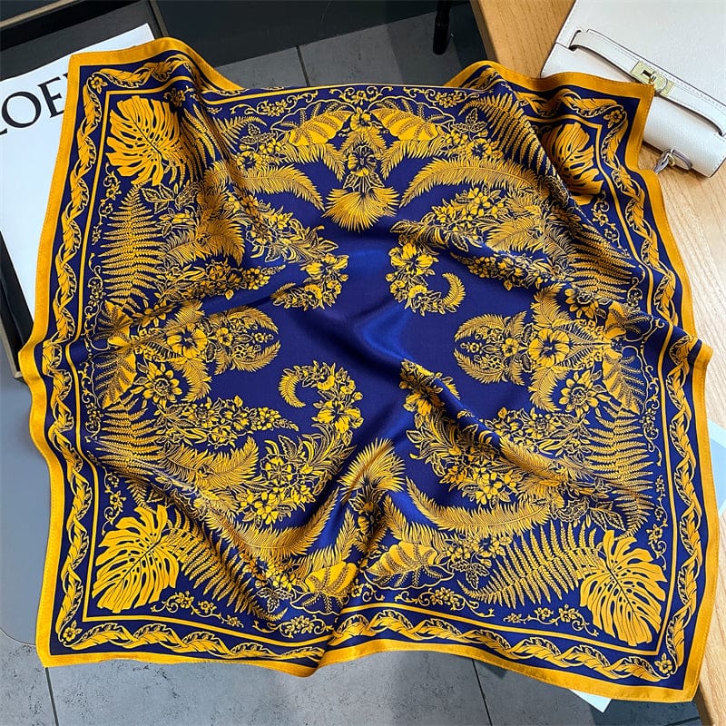 Carré 100% Soie Décoration Exotique Bleu/Jaune / 70x70cm