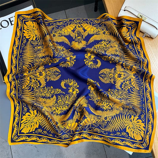 Carré 100% Soie Décoration Exotique Bleu/Jaune / 70x70cm
