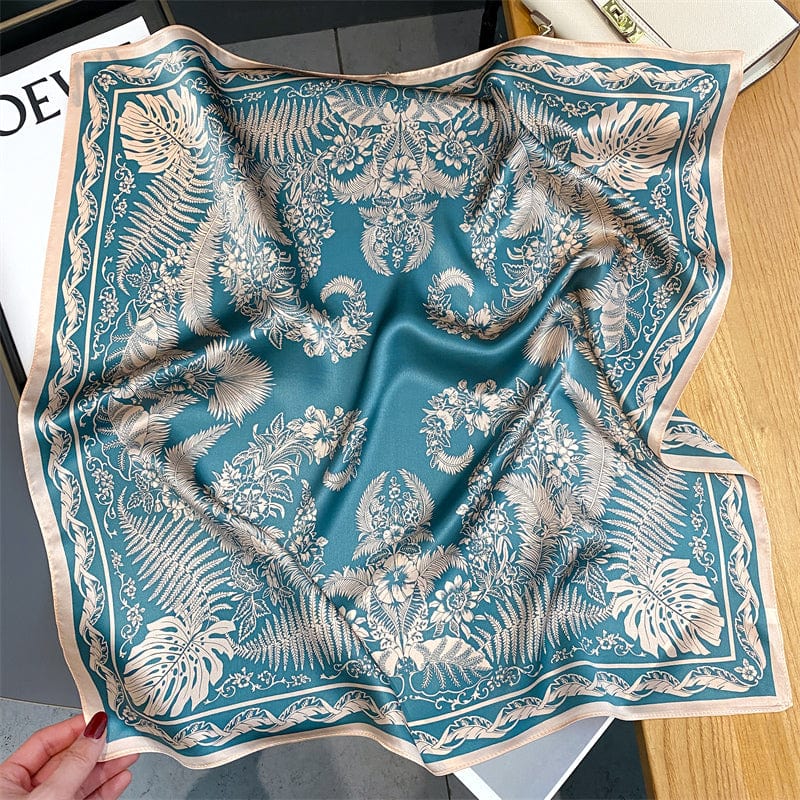 Carré 100% Soie Décoration Exotique Turquoise/Blanc / 70x70cm