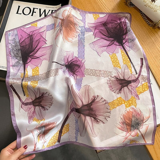 Carré 100% Soie Décoration Fleur Mauve 53x53cm