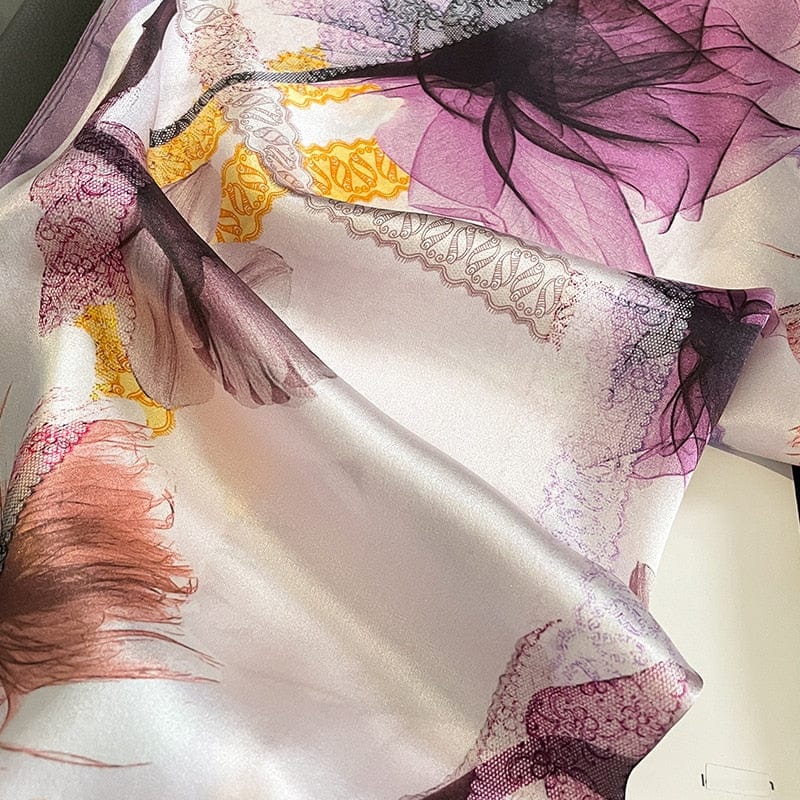 Carré 100% Soie Décoration Fleur Mauve 53x53cm