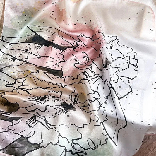 Carré 100% Soie - Écharpe imprimé fleurs luxe 70x70cm