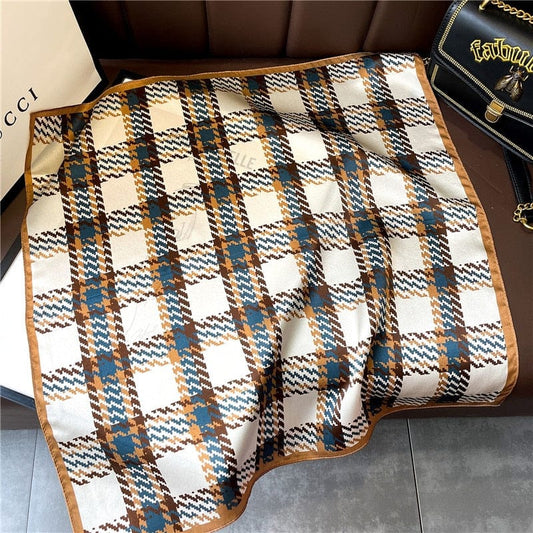 Carré 100% Soie Femme Carreau Marron 53X53cm