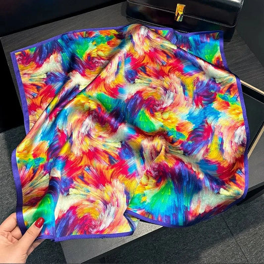 Carré 100% Soie Foulard Abstrait Multicolore – Carré en Soie Moderne et Expressif 53x53cm