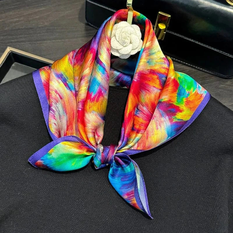 Carré 100% Soie Foulard Abstrait Multicolore – Carré en Soie Moderne et Expressif 53x53cm