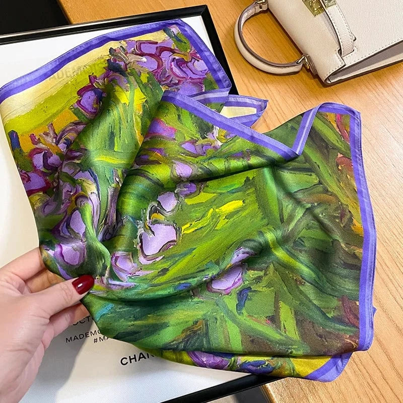 Carré 100% Soie - foulard artistique motif Iris femme 53x53cm