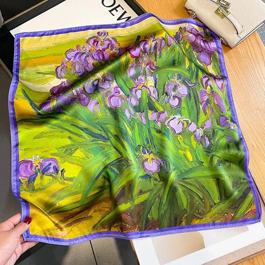 Carré 100% Soie - foulard artistique motif Iris femme 53x53cm