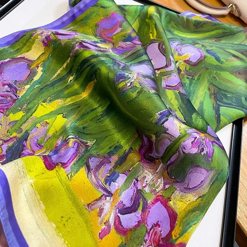 Carré 100% Soie - foulard artistique motif Iris femme 53x53cm
