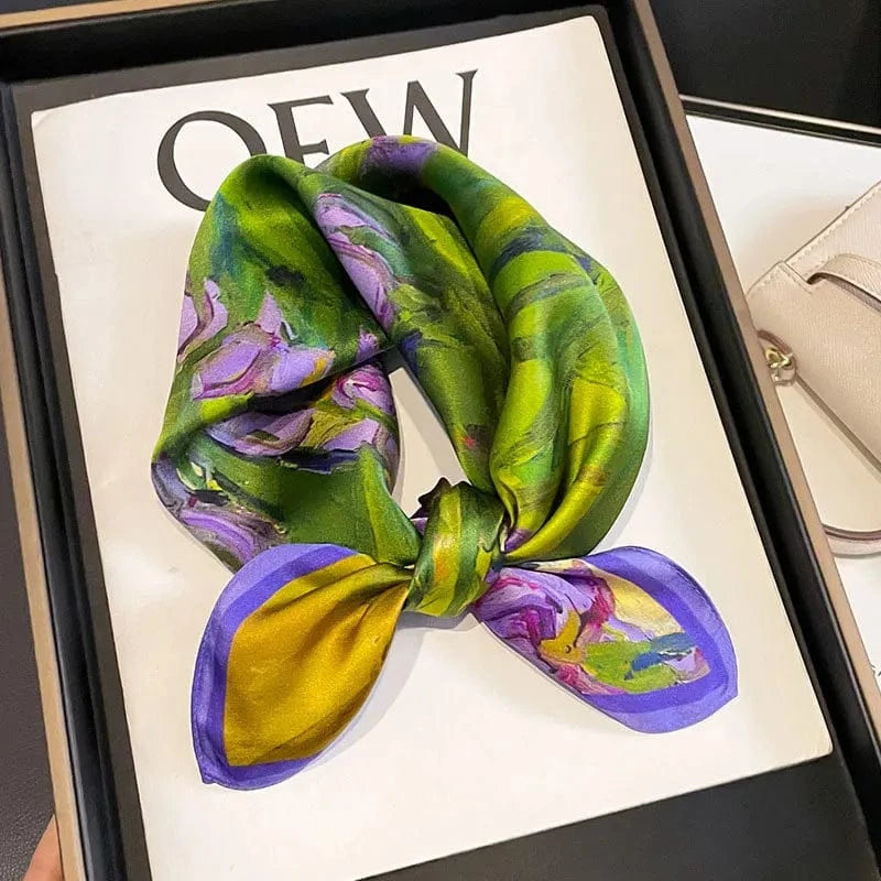 Carré 100% Soie - foulard artistique motif Iris femme 53x53cm