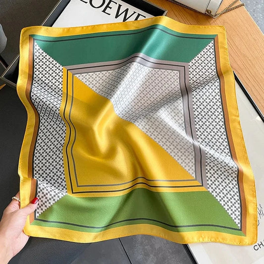 Carré 100% Soie – Foulard carré Art déco jaune doré et vert émeraude 53x53cm
