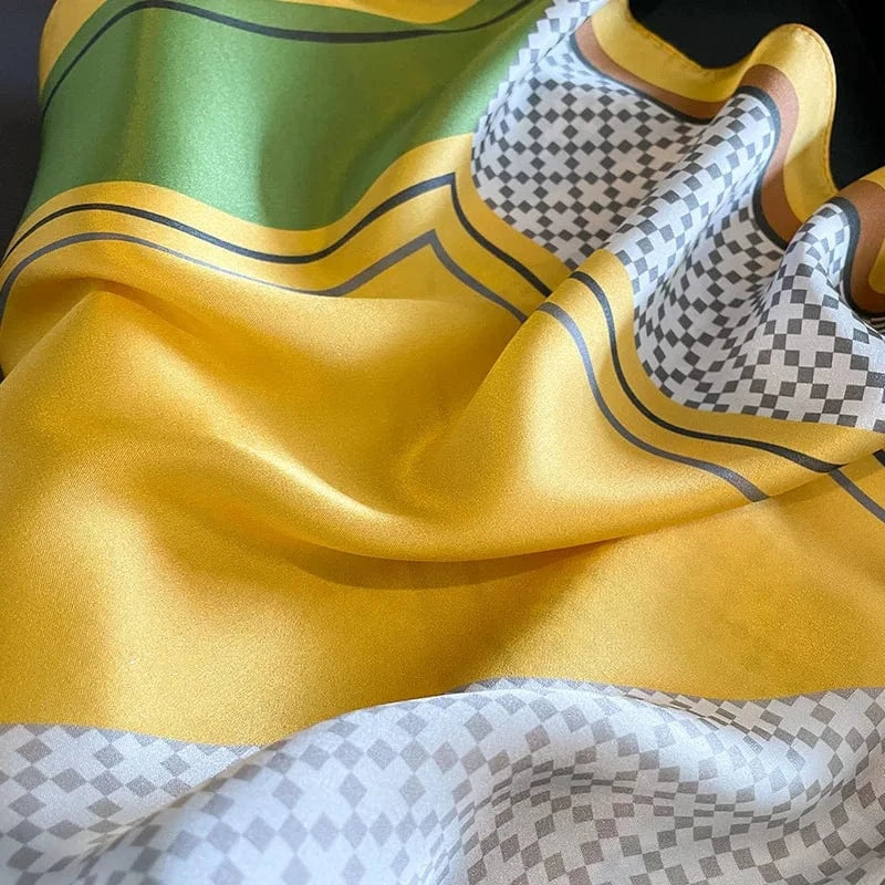 Carré 100% Soie – Foulard carré Art déco jaune doré et vert émeraude 53x53cm