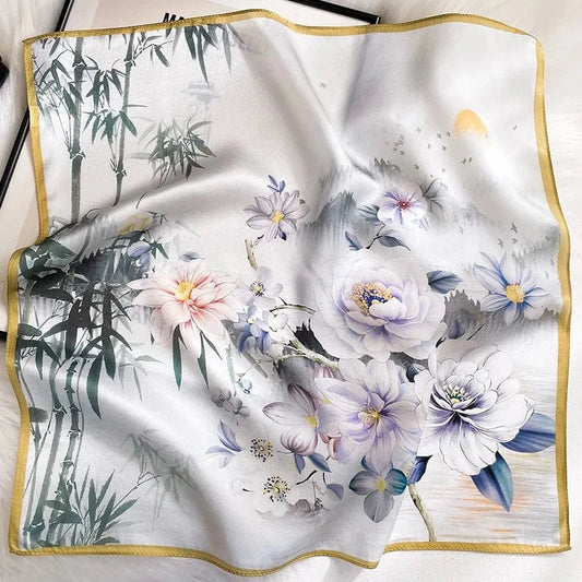 Carré 100% Soie - Foulard Carré de Soie Imprimé Fleurs Orientales Aquarelle Bord Doré 53x53cm