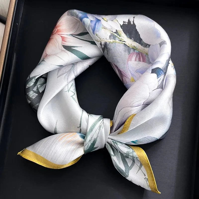 Carré 100% Soie - Foulard Carré de Soie Imprimé Fleurs Orientales Aquarelle Bord Doré 53x53cm