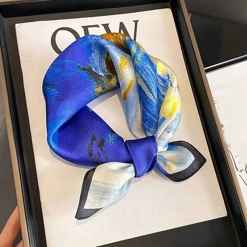 Carré 100% Soie foulard carré en soie bleu cobalt fleurs abstraites – motif impressionniste élégant 53x53cm
