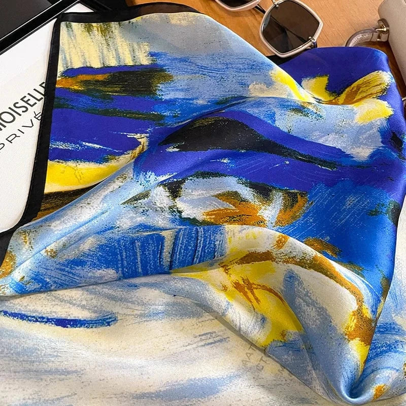 Carré 100% Soie foulard carré en soie bleu cobalt fleurs abstraites – motif impressionniste élégant 53x53cm