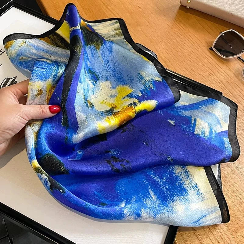 Carré 100% Soie foulard carré en soie bleu cobalt fleurs abstraites – motif impressionniste élégant 53x53cm